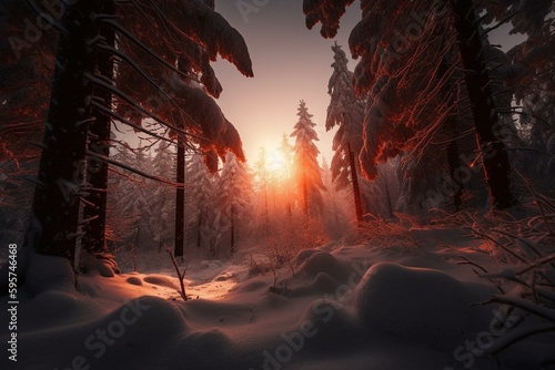 Red sunrise over snowy evergreen wood. Childish artwork. Generative AI