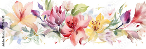 Colorful flowers and blossoms on a white background painted with watercolors, banner, mother's day, wedding, love, roses, alstroemeria, freesia, party, Generative AI © NE97