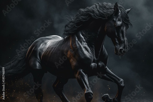 Dynamic black stallion illustrated with creative use of AI. Generative AI © Danilo
