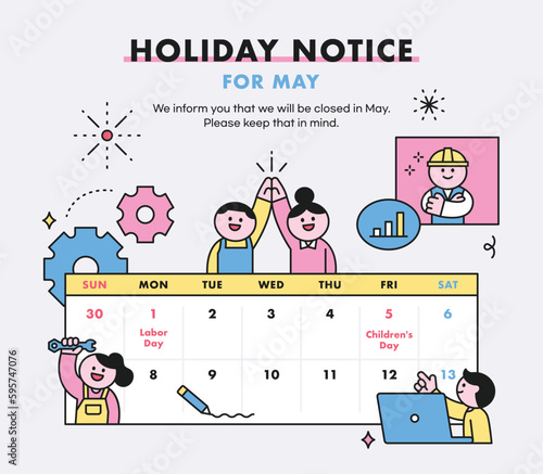 Labor Day. holiday calendar. Cute worker characters. Poster, webpage template. people who are working.