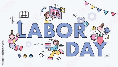 Labor Day. people who are working. Big letters and cute worker characters. Web page, poster template.