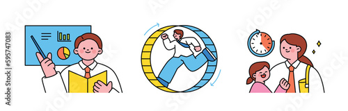 Labor Day. people who are working. Data Analytics Specialist. An office worker who turns a squirrel wheel. A working mother who takes care of children.