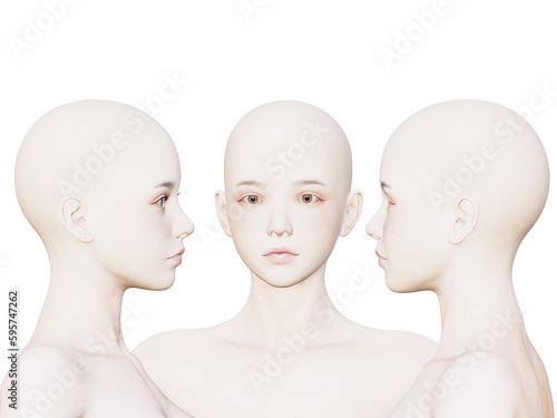 3d render. And the angle of a female bald head on a white background.