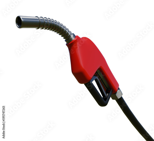 Red gas or fuel pump nozzle isolated on white with transparent background. 3D illustration
