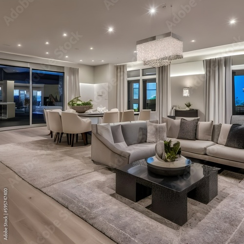 8 A contemporary  open-plan living and dining room with a neutral color palette  a mix of textures  and a statement light fixture4  Generative AI
