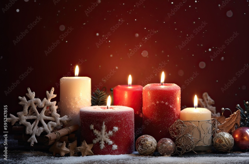 Burning candle and Christmas decoration over snow and wooden background. Generative Ai. Burning candle and Christmas decoration over snow and wooden background. Generative Ai.