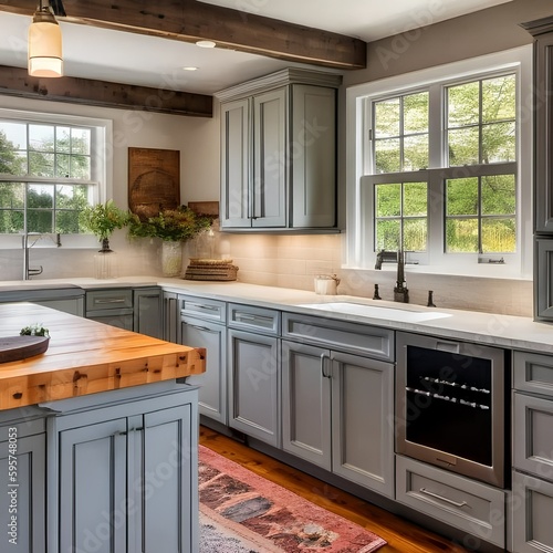 2 A cozy, country-style kitchen with a mix of open and closed storage, a farmhouse sink, and a large butcher block island1, Generative AI