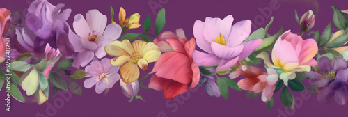 Colorful flowers and blossoms on a purple background painted with watercolors and oil paints, banner, mother's day, wedding, love, roses, alstroemeria, freesia, Generative AI