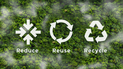 Reduce, reuse, recycle symbol in the middle of a beautiful untouched jungle. Ecological concept. An ecological metaphor for ecological waste management and a sustainable and economical lifestyle.