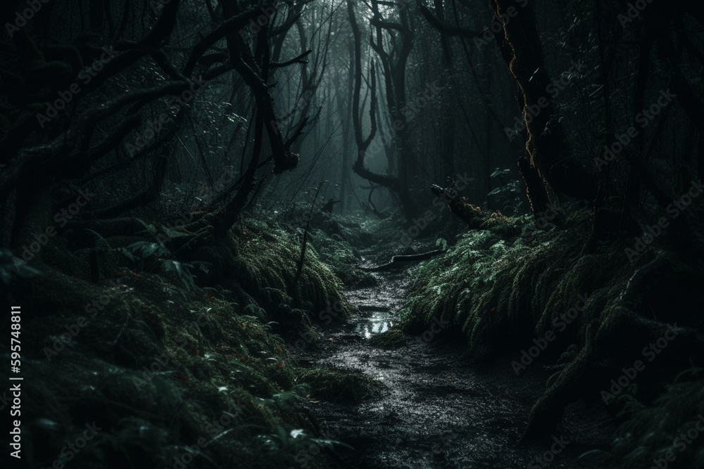 Dark forest as creepy horror background. Generative AI