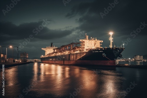 Tanker transporting liquefied natural gas during loading at LNG marine terminal. Generative AI