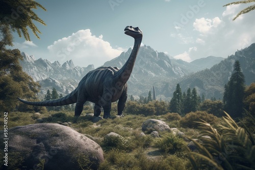 Mountainous terrain featuring the Brachiosaurus dinosaur. Generative AI
