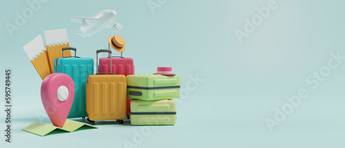 Travel baggage or suitcase colorful for vacation concept. Travel trip group concept. 3d rendering