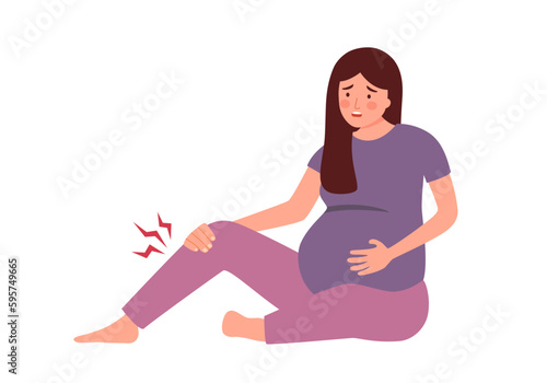Pregnant woman get cramp her leg in flat design on white background.