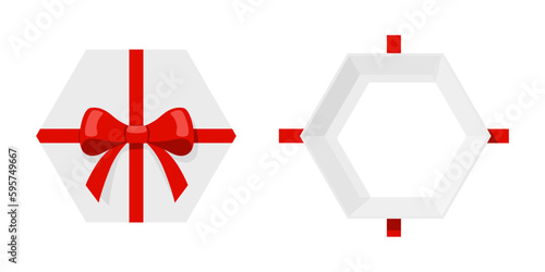 Open a Mystery Reward Hexagon gift box with a red ribbon on isolated white background. Random secret loot box top view concept. Vector illustration cartoon flat design.