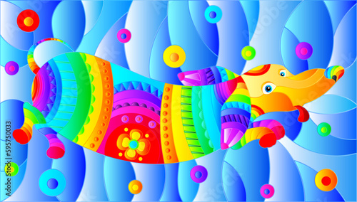 Illustration in stained glass style with abstract rainbow Dachshund dog on blue background