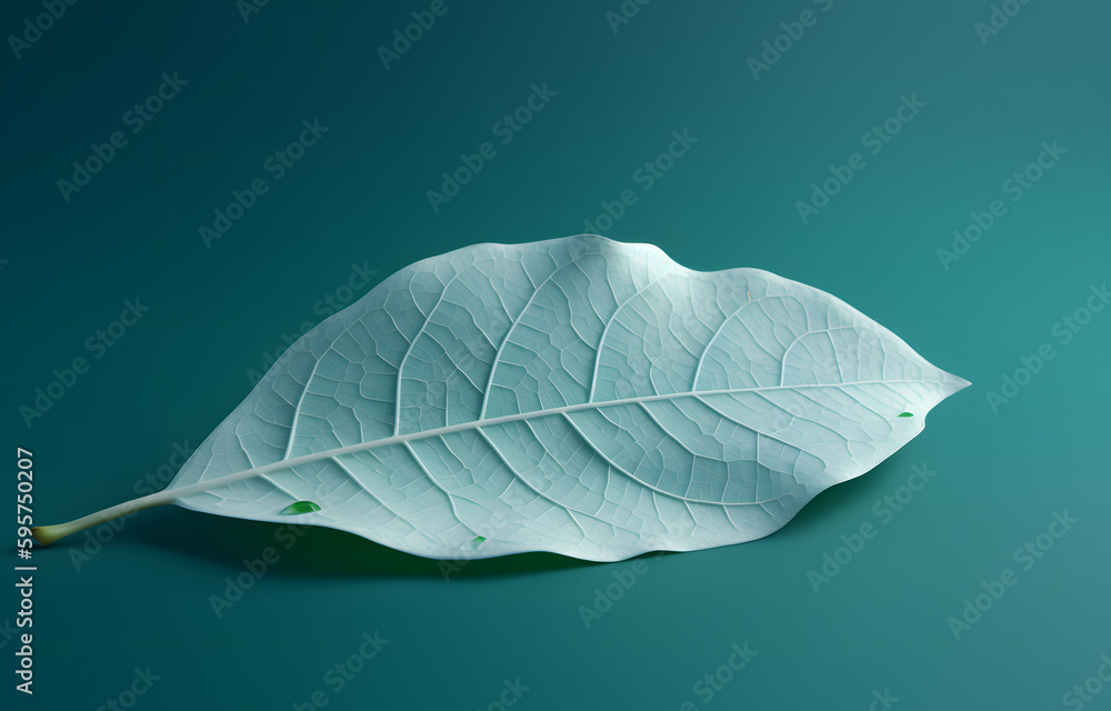 A thin green leaf on a turquoise background, Generative Ai A thin green leaf on a turquoise background, Generative Ai