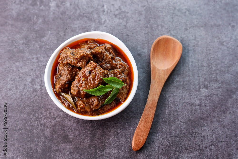 Spicy beef curry. Goan style beef vindaloo. Traditional Indian Lamb or