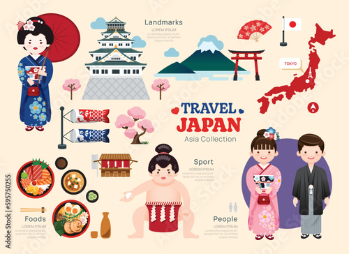 Travel Japan flat icons set. Japanese element icon map and landmarks symbols and objects collection.