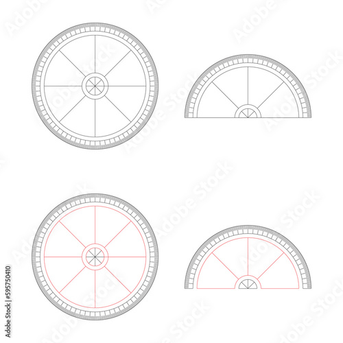 Protractor abstract icon, round 360 protractors scale and 180 degrees measure vector illustration set.