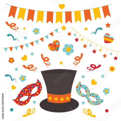 A colorful illustration of a top circus hat and a holiday banners with mardi gras theater masks.