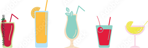 Cocktails set. Alcoholic cocktails icons. Martini cocktail. Set includes martini, mojito, whiskey, wine. Drink glass sign. Icons set for restaurant, pub, bar.