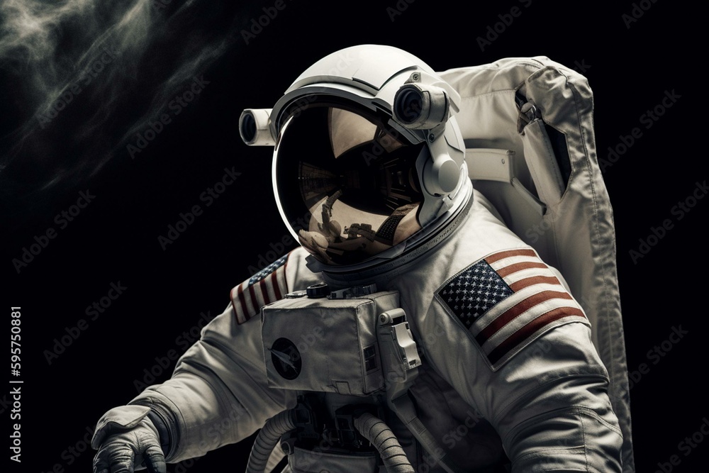 Artwork of an astronaut carrying a flag. Generative AI