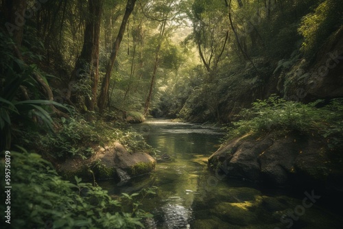A flowing body of water amidst abundant greenery. Generative AI © Beatriz
