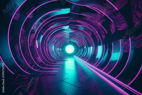 3D lilac and turquoise neon tunnel with wavy curves. Generative AI