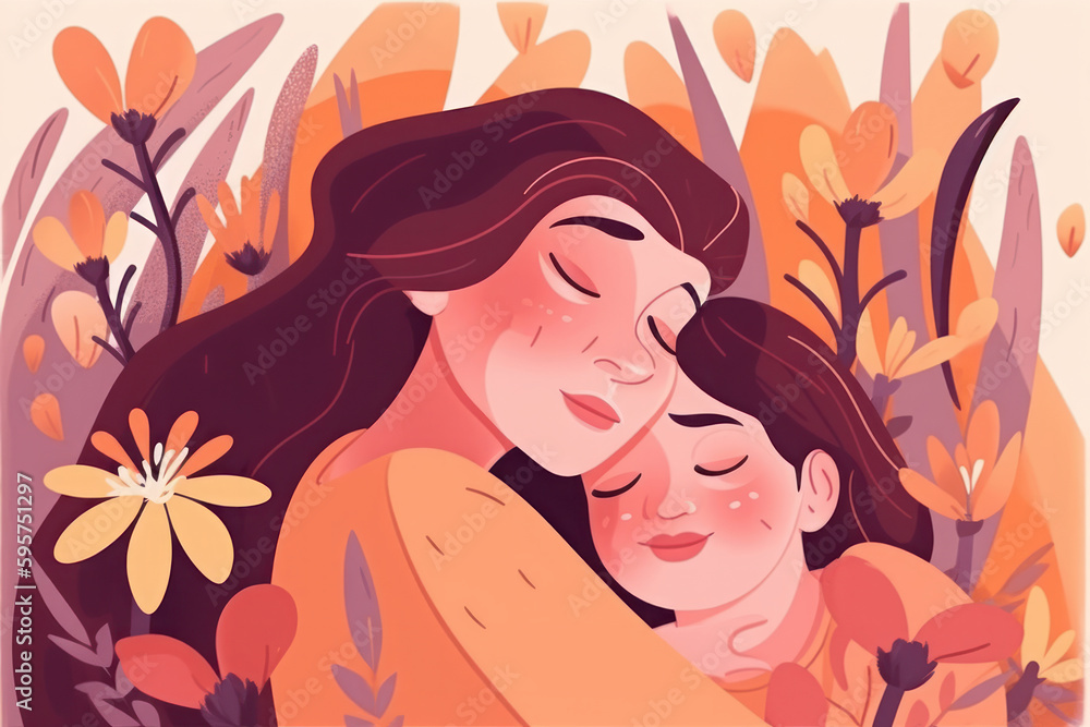 A heartwarming image for Mother's Day, capturing the purity and beauty of maternal love, where a mother and child share an embrace in a field of flowers amidst a scenic landscape. AI Generative