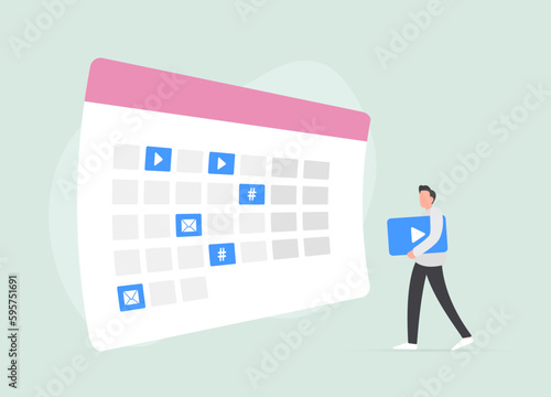 Media Planning - digital marketing online business strategy concept. Programmatic social media marketing trends with marketer approaches calendar with idea for viral video ad to run on social media