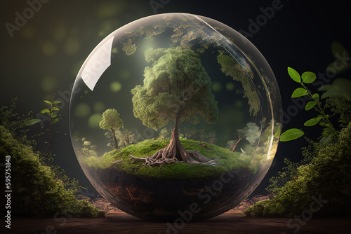 World environment and earth day concept with glass globe and eco friendly enviroment desktop background