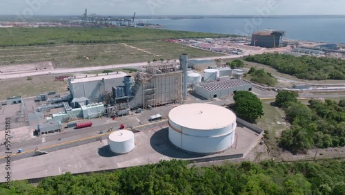 Aes Andres, private port for distribution and storage of liquefied natural petroleum gas, Caucedo peninsula in Dominican Republic. Aerial backward photo