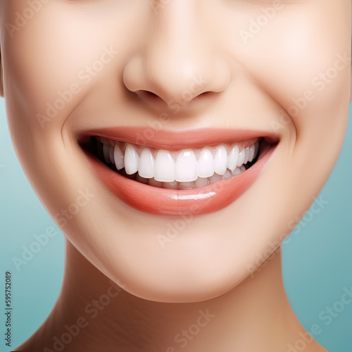 Close up cropped half face portrait of attractive, nude, natural, perfect, ideal girl with healthy white teeth isolated on beige background, perfection, wellness, wellbeing. Generative Ai.
