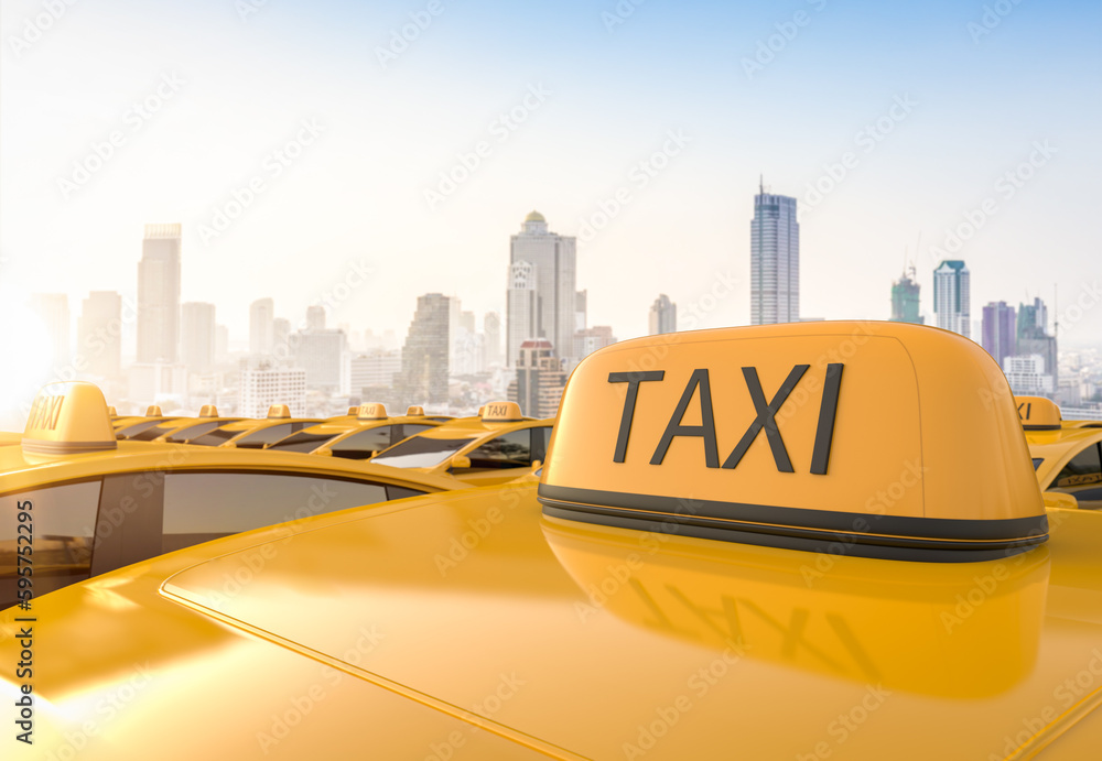 Yellow ev taxi or electric vehicle sign on roof