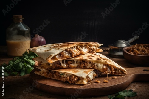 Quesadilla with tender, melted pork and rich, gooey cheese. Generative AI photo