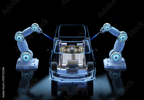 Robot assembly line with electric car battery cells module on platform