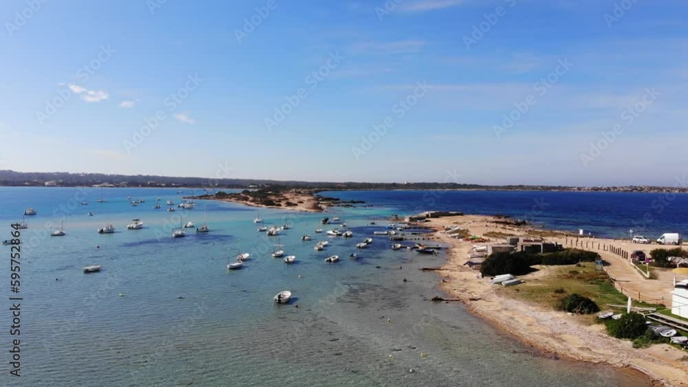 Drone shot flying forward over spectacular coast landscape on Formentera, The Balearics. Drone shot flying forward over spectacular coast landscape on Formentera, The Balearics.