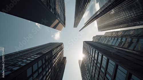 Bottom view of modern skyscrapers in business district. Generative Ai.