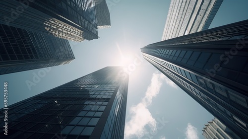 Bottom view of modern skyscrapers in business district. Generative Ai.