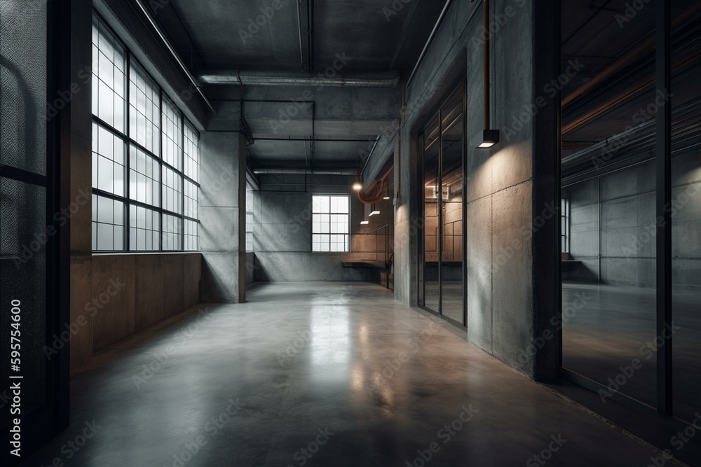 Contemporary industrial space with concrete walls and flooring. Vacant. 3D design. Generative AI