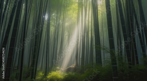 Path through dense bamboo forest  leading to famous Waimoku Falls. Generative Ai.