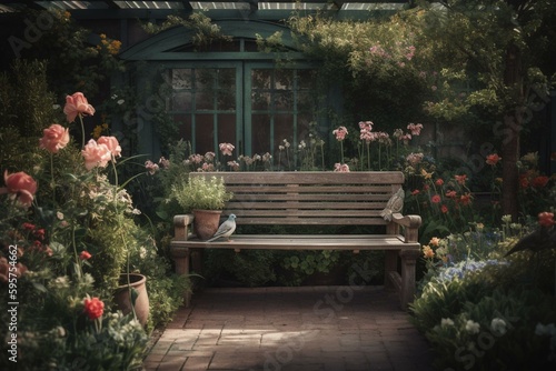 A garden scene with a bench, flowers, window, and birds. Generative AI