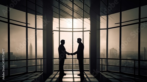 silhouettes two businessmen handshake in cooperation agreement concept at office and successful business partner. business man shaking hands to seal a deal with his partner. Generative Ai. © Kowit