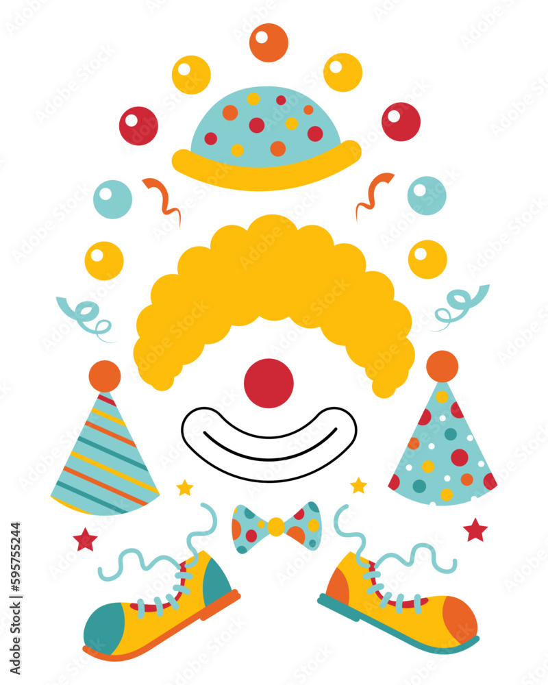 Cartoon circus theme set with clown face and wig. Holiday hats and