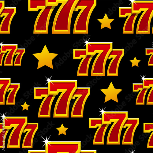 Seampless pattern 777 on black background. Jackpot symbol
