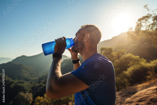 Man drinking water outdoors. Hiking and hydration. generate by ai