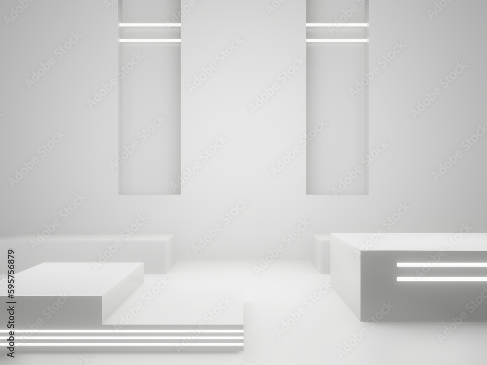 White Sci-Fi product display background. Scientific podium with white neon lights. White Sci-Fi product display background. Scientific podium with white neon lights.