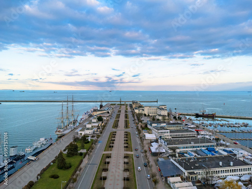 Aerial view landscape Poland Gdynia. The square and the harbor. View of the Baltic sea. 