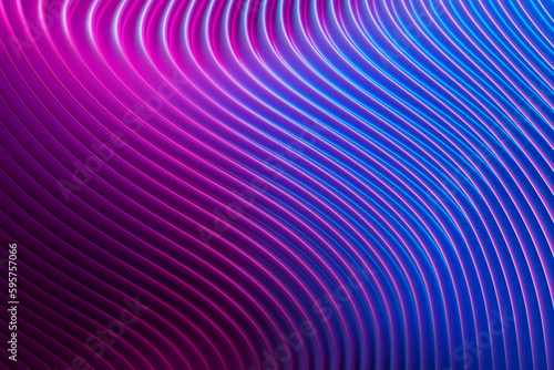3d illustration of a stereo strip of different colors. Geometric stripes similar to waves. Abstract blue and pink glowing crossing lines pattern